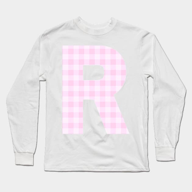 Pink Letter R in Plaid Pattern Background. Long Sleeve T-Shirt by BloomingDiaries